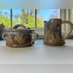 Pottery cream & sugar handmade studio art pottery brown earthen ceramic lot of 2